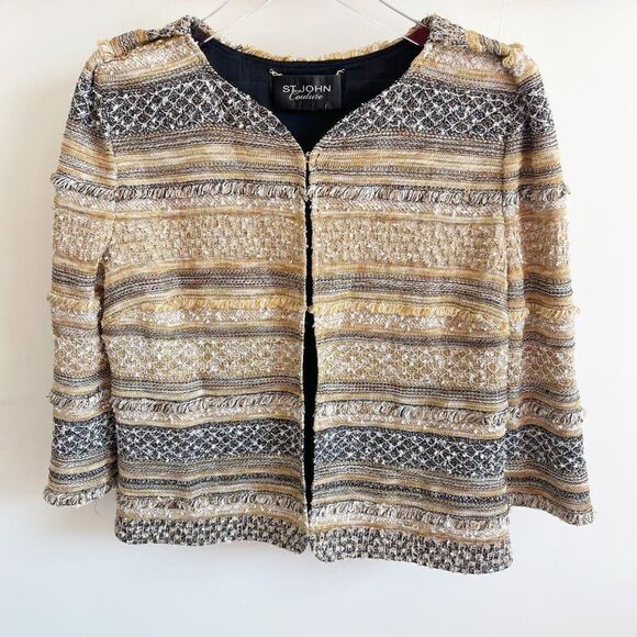 St. John Couture Gold Tweed Crop Jacket Coat Small - Picture 1 of 9